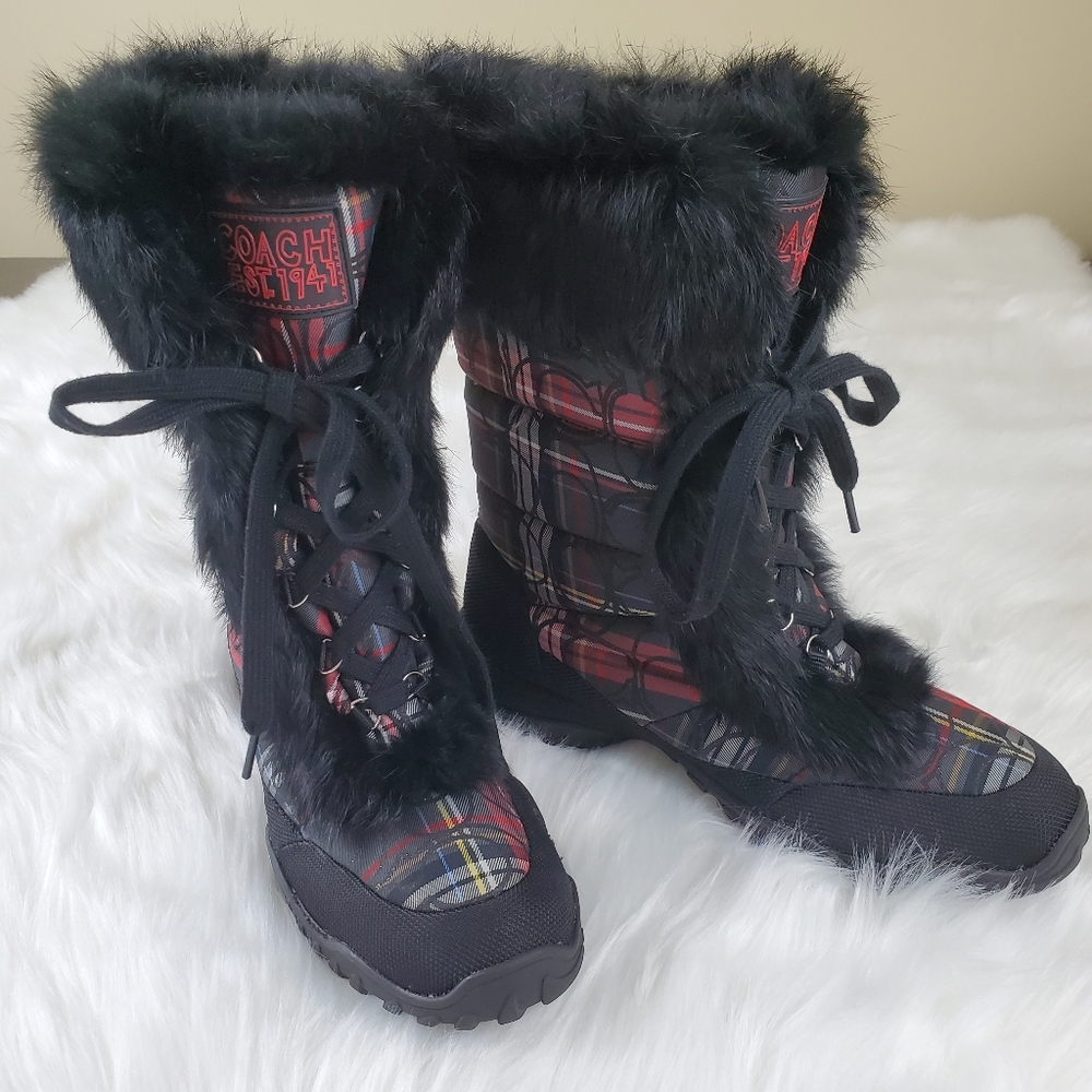 Coach Jennie Sz 9 Tartan Plaid Rabbit Fur Boots